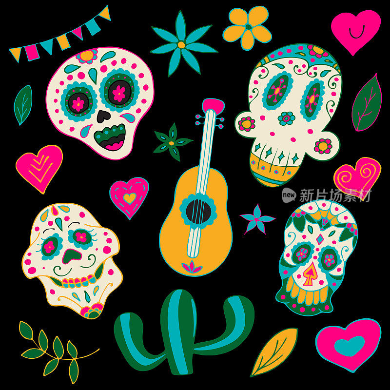 亡灵节，Dia de los Muertos，彩色墨西哥元素的糖头骨和鲜花。
